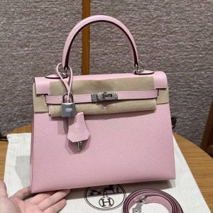 Hermes Kelly 25 Bag Handmade In Epsom Calfskin Leather From France Silver Hardware 3Q Rose Sakura