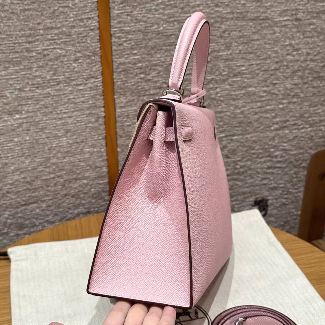 Hermes Kelly 25 Bag Handmade In Epsom Calfskin Leather From France Silver Hardware 3Q Rose Sakura - Image 25