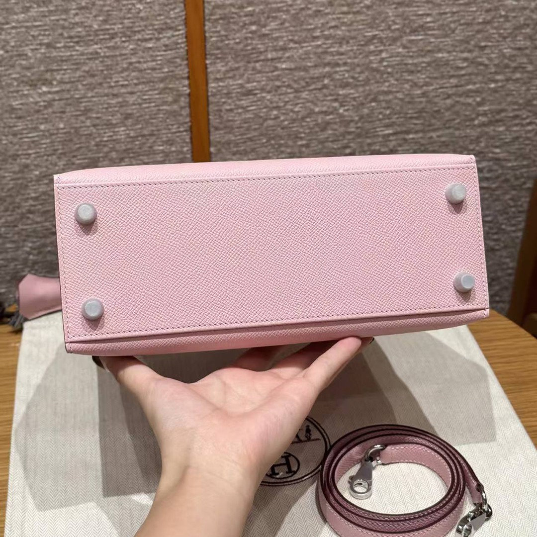 Hermes Kelly 25 Bag Handmade In Epsom Calfskin Leather From France Silver Hardware 3Q Rose Sakura - Image 23