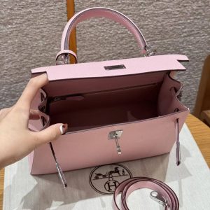 Hermes Kelly 25 Bag Handmade In Epsom Calfskin Leather From France Silver Hardware 3Q Rose Sakura - Image 22