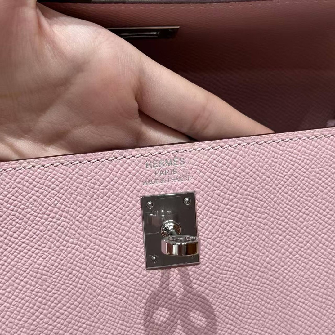 Hermes Kelly 25 Bag Handmade In Epsom Calfskin Leather From France Silver Hardware 3Q Rose Sakura - Image 20