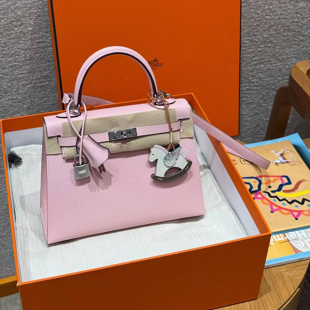 Hermes Kelly 25 Bag Handmade In Epsom Calfskin Leather From France Silver Hardware 3Q Rose Sakura - Image 9