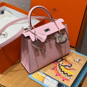 Hermes Kelly 25 Bag Handmade In Epsom Calfskin Leather From France Silver Hardware 3Q Rose Sakura - Image 8