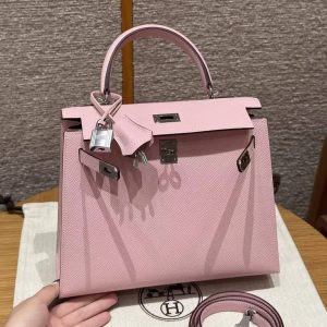 Hermes Kelly 25 Bag Handmade In Epsom Calfskin Leather From France Silver Hardware 3Q Rose Sakura - Image 7