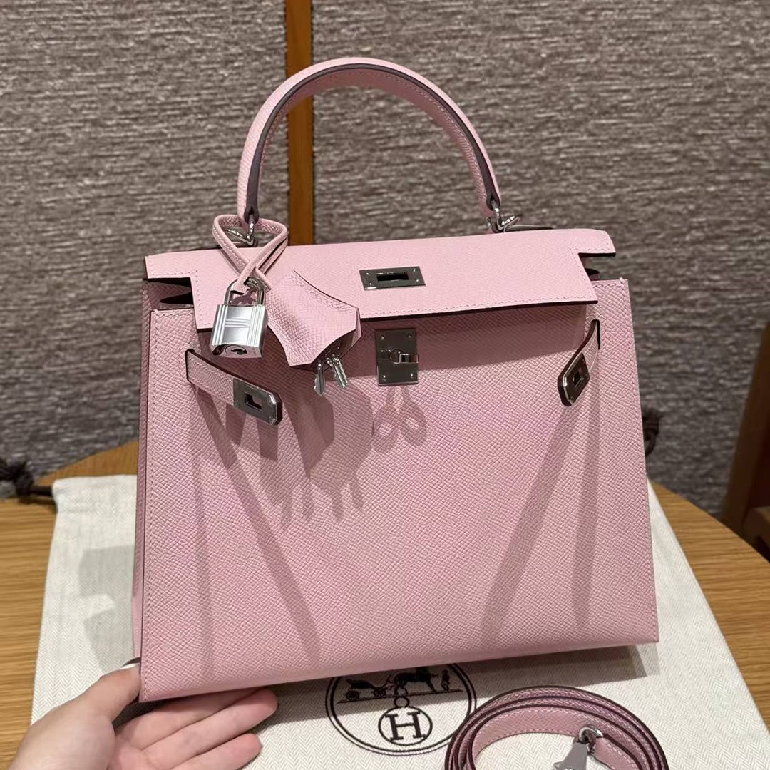Hermes Kelly 25 Bag Handmade In Epsom Calfskin Leather From France Silver Hardware 3Q Rose Sakura - Image 7