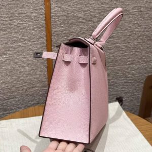 Hermes Kelly 25 Bag Handmade In Epsom Calfskin Leather From France Silver Hardware 3Q Rose Sakura - Image 6