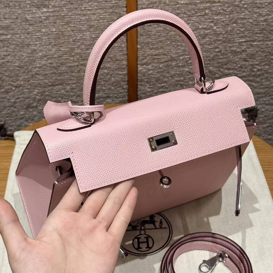 Hermes Kelly 25 Bag Handmade In Epsom Calfskin Leather From France Silver Hardware 3Q Rose Sakura - Image 5