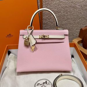 Hermes Kelly 25 Bag Handmade In Epsom Calfskin Leather Gold Hardware 3Q Rose Sakura i2 Nata