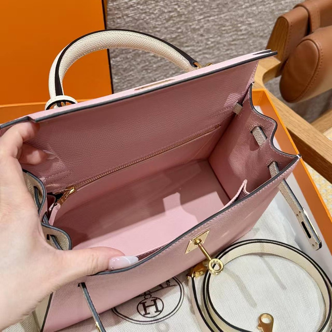 Hermes Kelly 25 Bag Handmade In Epsom Calfskin Leather Gold Hardware 3Q Rose Sakura i2 Nata - Image 9