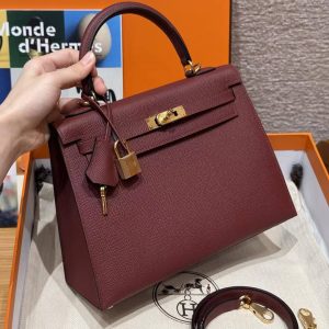 Hermes Kelly 25 Bag Handmade In Epsom Calfskin Leather Gold Hardware 57 Bordeaux - Image 16