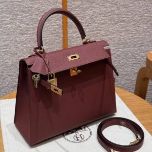 Hermes Kelly 25 Bag Handmade In Epsom Calfskin Leather Gold Hardware 57 Bordeaux - Image 15