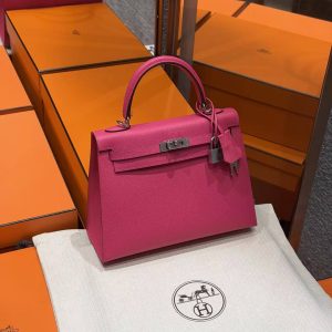 Hermes Kelly 25 Bag Handmade In Epsom Calfskin Leather Silver Hardware 5J Fuchia - Image 12