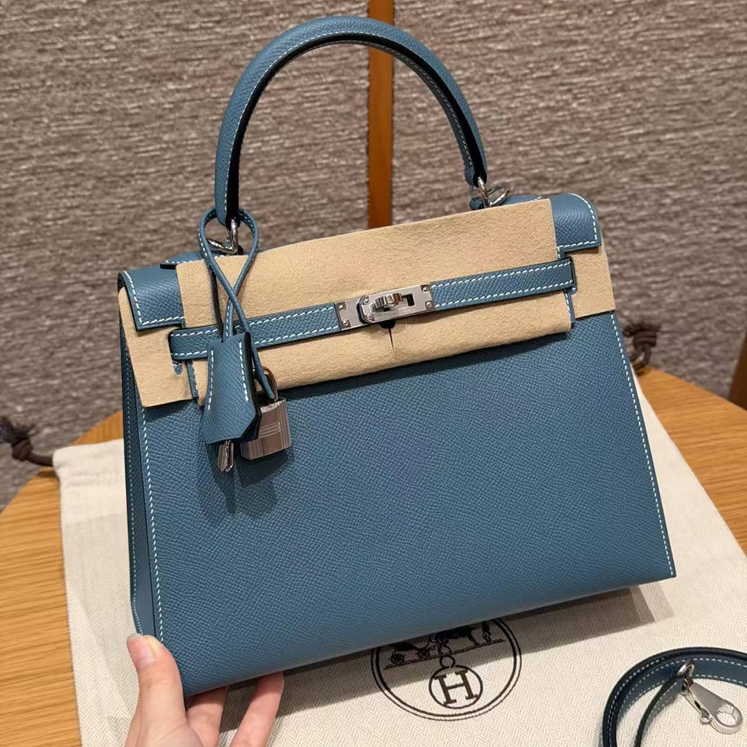 Hermes Kelly 25 Bag Handmade In Epsom Calfskin Leather Silver Hardware 75 Blue Jean