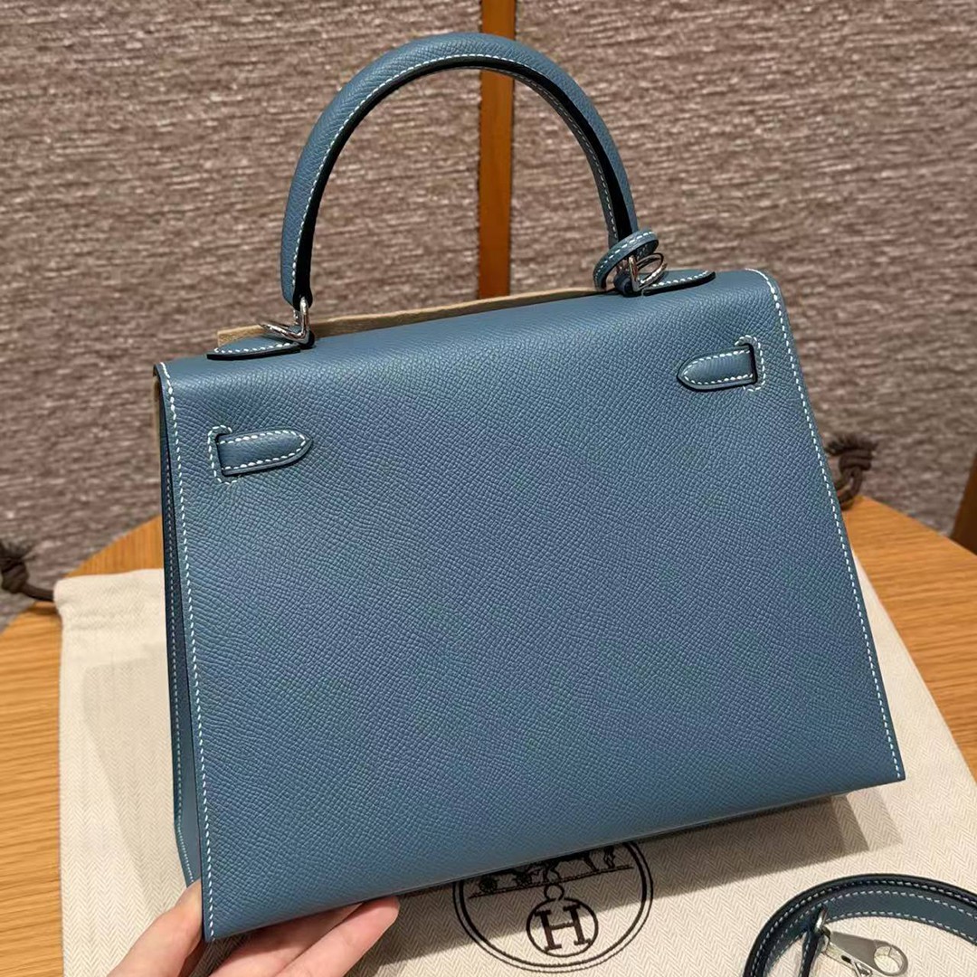 Hermes Kelly 25 Bag Handmade In Epsom Calfskin Leather Silver Hardware 75 Blue Jean - Image 2