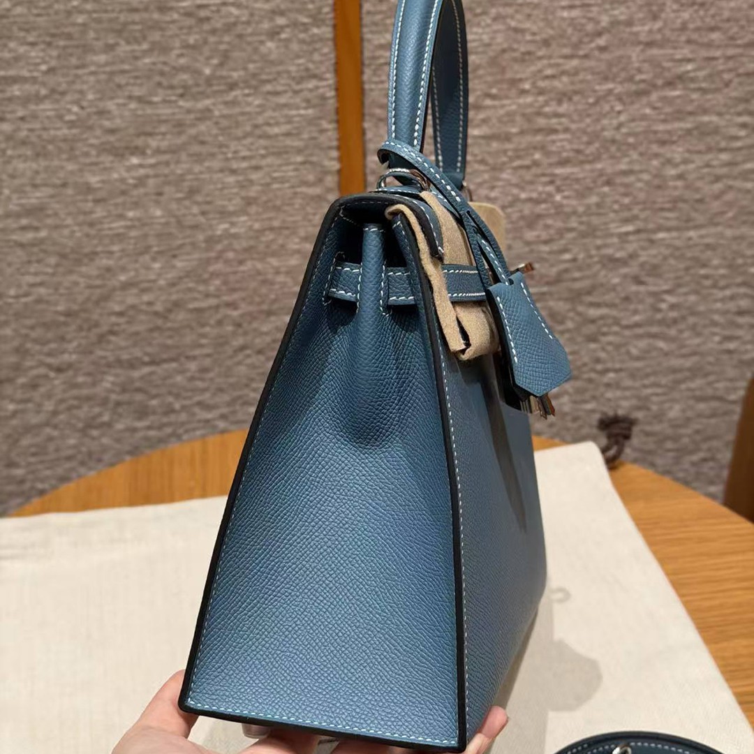 Hermes Kelly 25 Bag Handmade In Epsom Calfskin Leather Silver Hardware 75 Blue Jean - Image 19