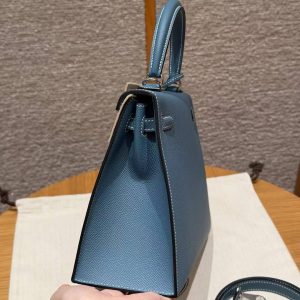 Hermes Kelly 25 Bag Handmade In Epsom Calfskin Leather Silver Hardware 75 Blue Jean - Image 18