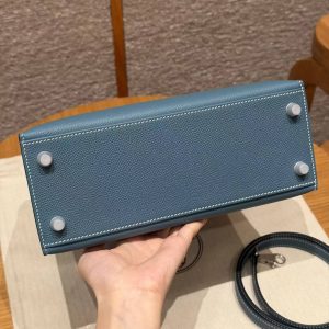 Hermes Kelly 25 Bag Handmade In Epsom Calfskin Leather Silver Hardware 75 Blue Jean - Image 17