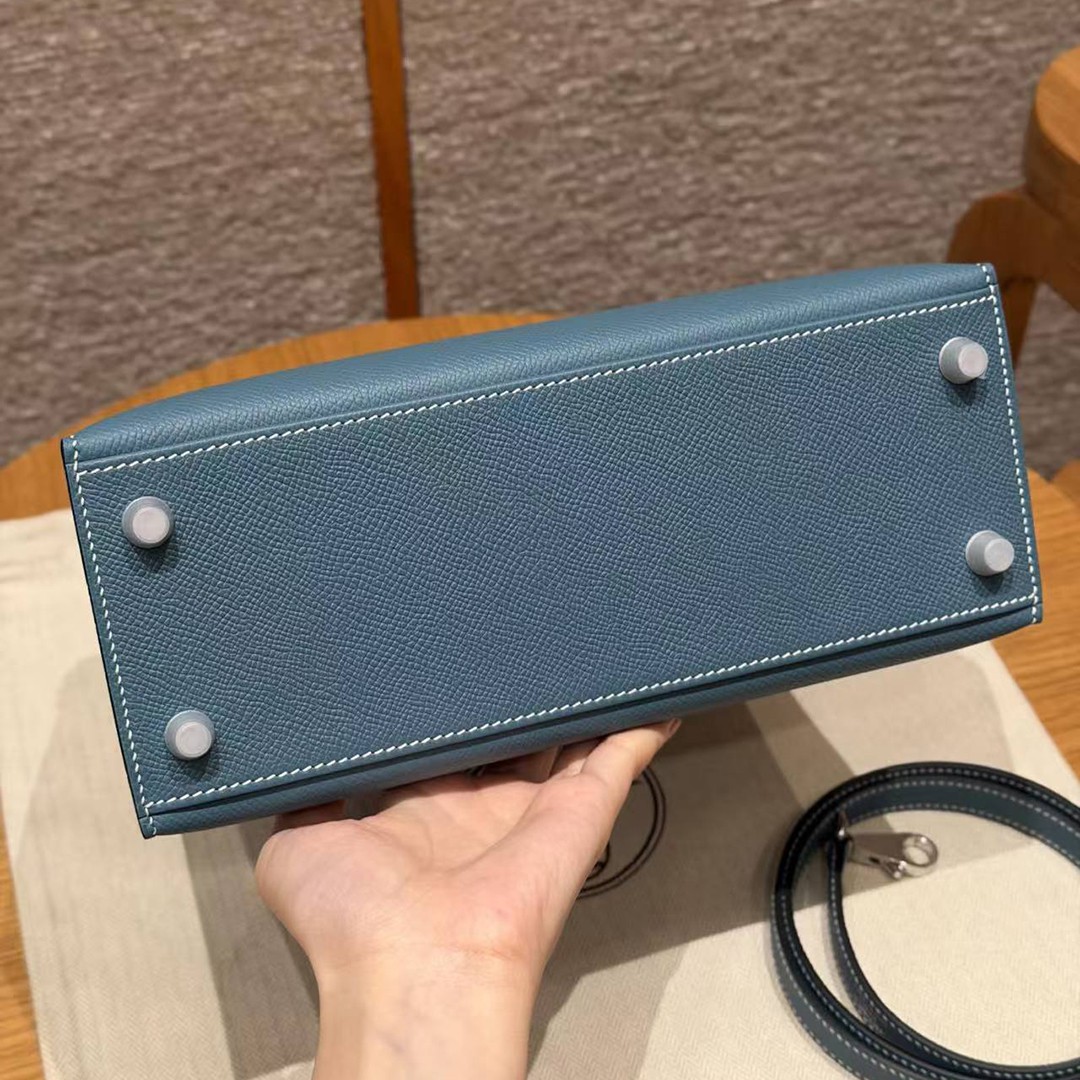 Hermes Kelly 25 Bag Handmade In Epsom Calfskin Leather Silver Hardware 75 Blue Jean - Image 17