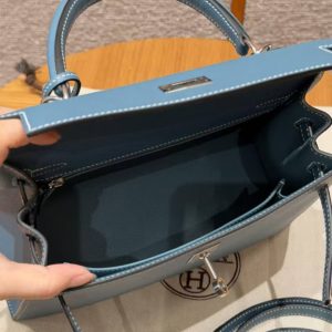 Hermes Kelly 25 Bag Handmade In Epsom Calfskin Leather Silver Hardware 75 Blue Jean - Image 16