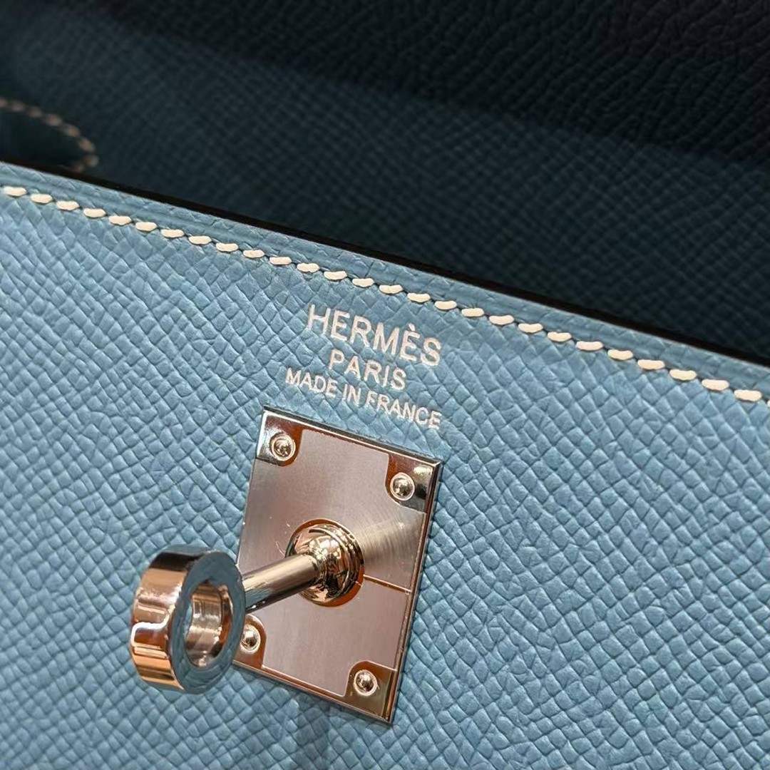 Hermes Kelly 25 Bag Handmade In Epsom Calfskin Leather Silver Hardware 75 Blue Jean - Image 15