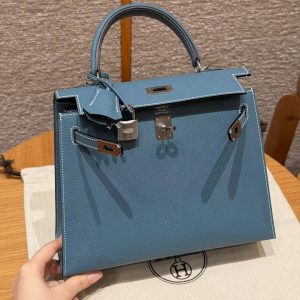 Hermes Kelly 25 Bag Handmade In Epsom Calfskin Leather Silver Hardware 75 Blue Jean - Image 12