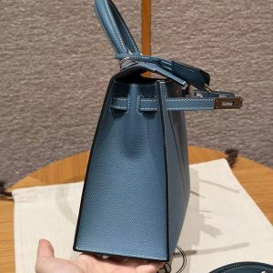 Hermes Kelly 25 Bag Handmade In Epsom Calfskin Leather Silver Hardware 75 Blue Jean - Image 11