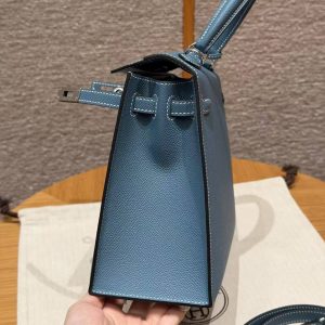 Hermes Kelly 25 Bag Handmade In Epsom Calfskin Leather Silver Hardware 75 Blue Jean - Image 10