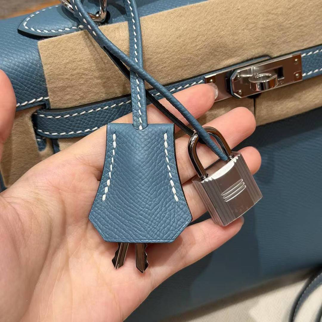 Hermes Kelly 25 Bag Handmade In Epsom Calfskin Leather Silver Hardware 75 Blue Jean - Image 5