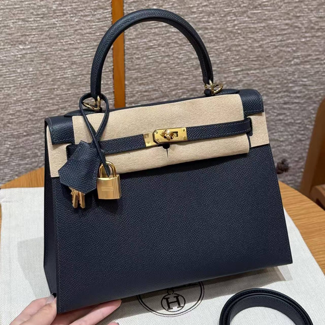 Hermes Kelly 25 Bag Handmade In Epsom Calfskin Leather Gold Hardware 76 Bleu Indigo