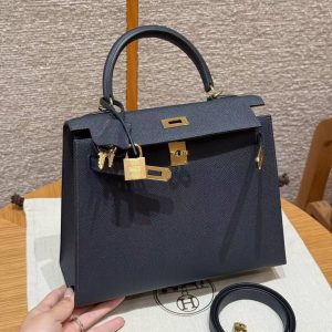 Hermes Kelly 25 Bag Handmade In Epsom Calfskin Leather Gold Hardware 76 Bleu Indigo - Image 13