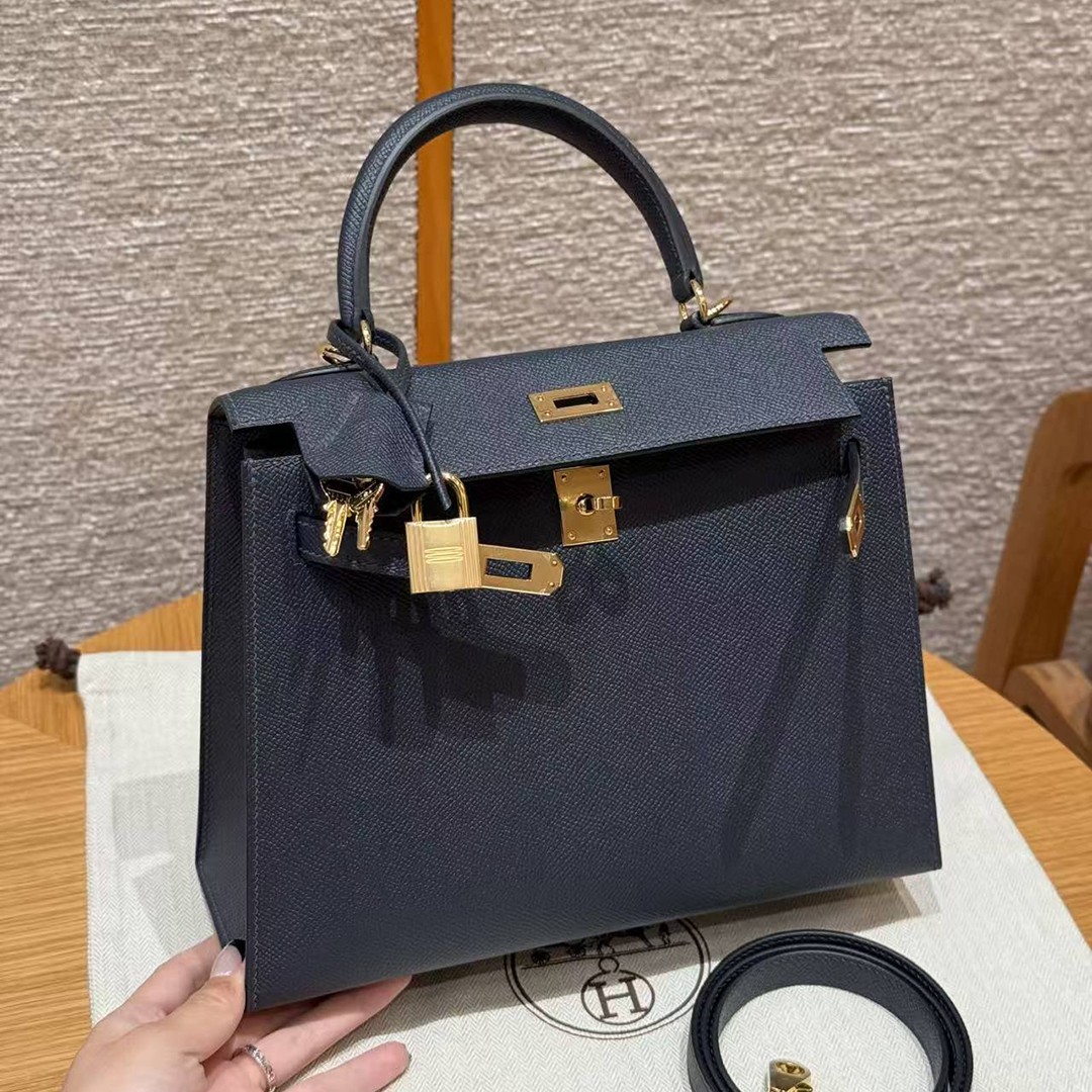 Hermes Kelly 25 Bag Handmade In Epsom Calfskin Leather Gold Hardware 76 Bleu Indigo - Image 13