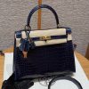 Hermes Kelly 25 Bag Handmade In Porosus Crocodile Leather Gold Hardware 78 Bleu Marine