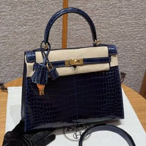 Hermes Kelly 25 Bag Handmade In Porosus Crocodile Leather Gold Hardware 78 Bleu Marine