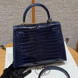 Hermes Kelly 25 Bag Handmade In Porosus Crocodile Leather Gold Hardware 78 Bleu Marine - Image 2