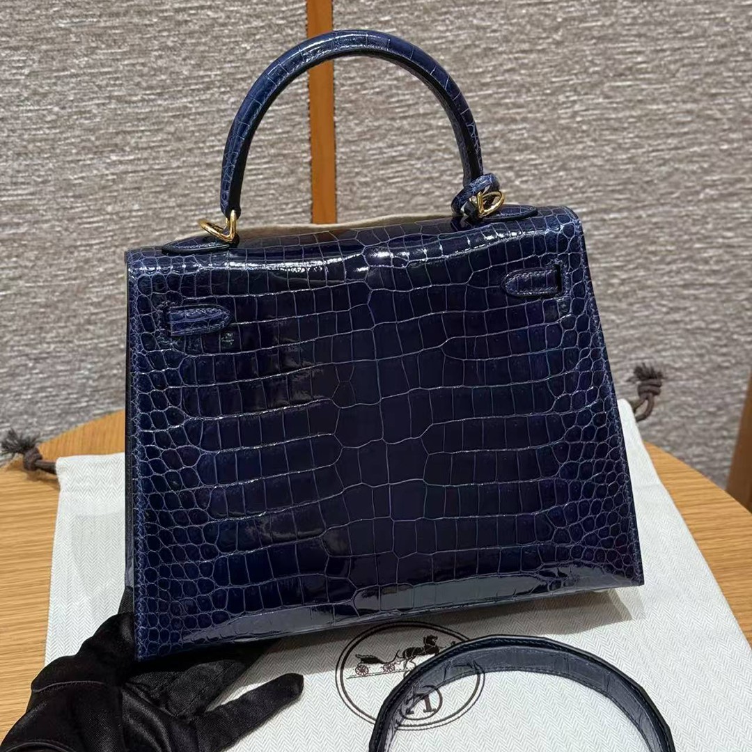 Hermes Kelly 25 Bag Handmade In Porosus Crocodile Leather Gold Hardware 78 Bleu Marine - Image 2