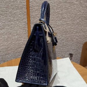 Hermes Kelly 25 Bag Handmade In Porosus Crocodile Leather Gold Hardware 78 Bleu Marine - Image 28