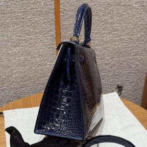 Hermes Kelly 25 Bag Handmade In Porosus Crocodile Leather Gold Hardware 78 Bleu Marine - Image 27