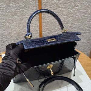 Hermes Kelly 25 Bag Handmade In Porosus Crocodile Leather Gold Hardware 78 Bleu Marine - Image 25