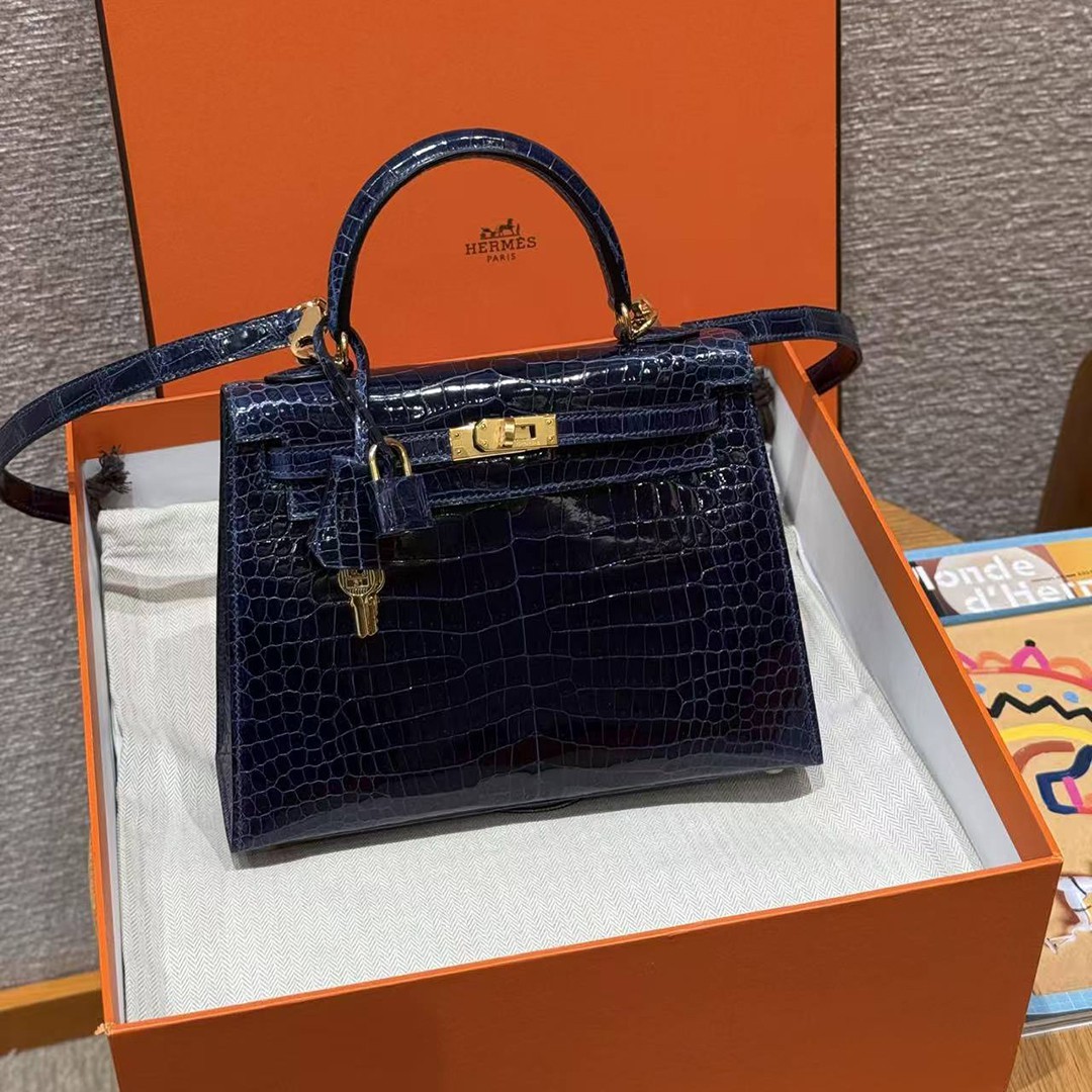 Hermes Kelly 25 Bag Handmade In Porosus Crocodile Leather Gold Hardware 78 Bleu Marine - Image 21