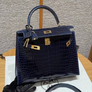Hermes Kelly 25 Bag Handmade In Porosus Crocodile Leather Gold Hardware 78 Bleu Marine - Image 20