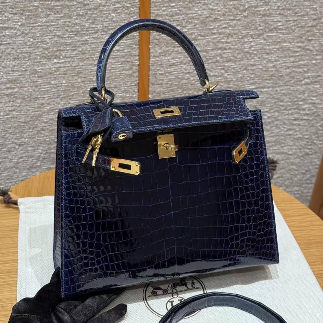 Hermes Kelly 25 Bag Handmade In Porosus Crocodile Leather Gold Hardware 78 Bleu Marine - Image 20