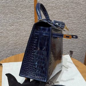Hermes Kelly 25 Bag Handmade In Porosus Crocodile Leather Gold Hardware 78 Bleu Marine - Image 19