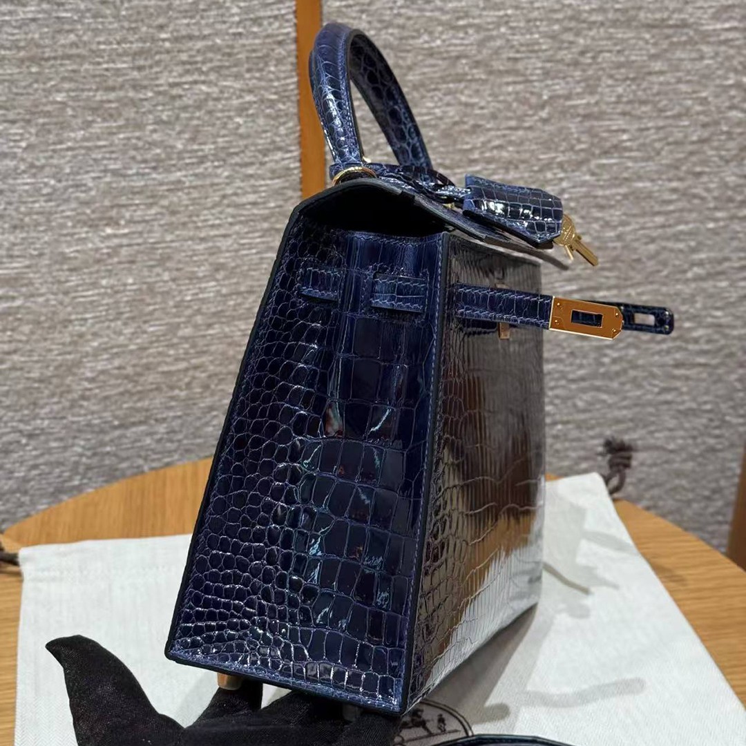 Hermes Kelly 25 Bag Handmade In Porosus Crocodile Leather Gold Hardware 78 Bleu Marine - Image 19