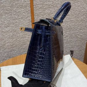 Hermes Kelly 25 Bag Handmade In Porosus Crocodile Leather Gold Hardware 78 Bleu Marine - Image 18