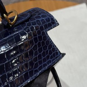 Hermes Kelly 25 Bag Handmade In Porosus Crocodile Leather Gold Hardware 78 Bleu Marine - Image 16