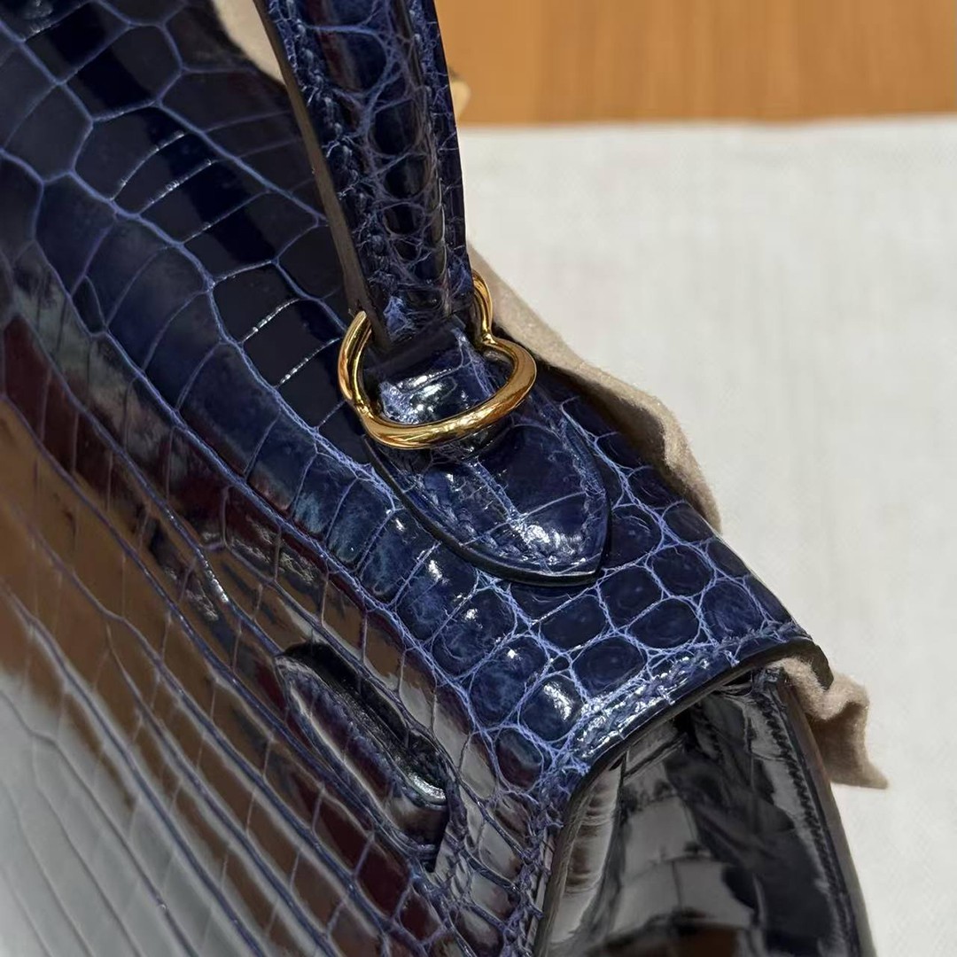 Hermes Kelly 25 Bag Handmade In Porosus Crocodile Leather Gold Hardware 78 Bleu Marine - Image 10