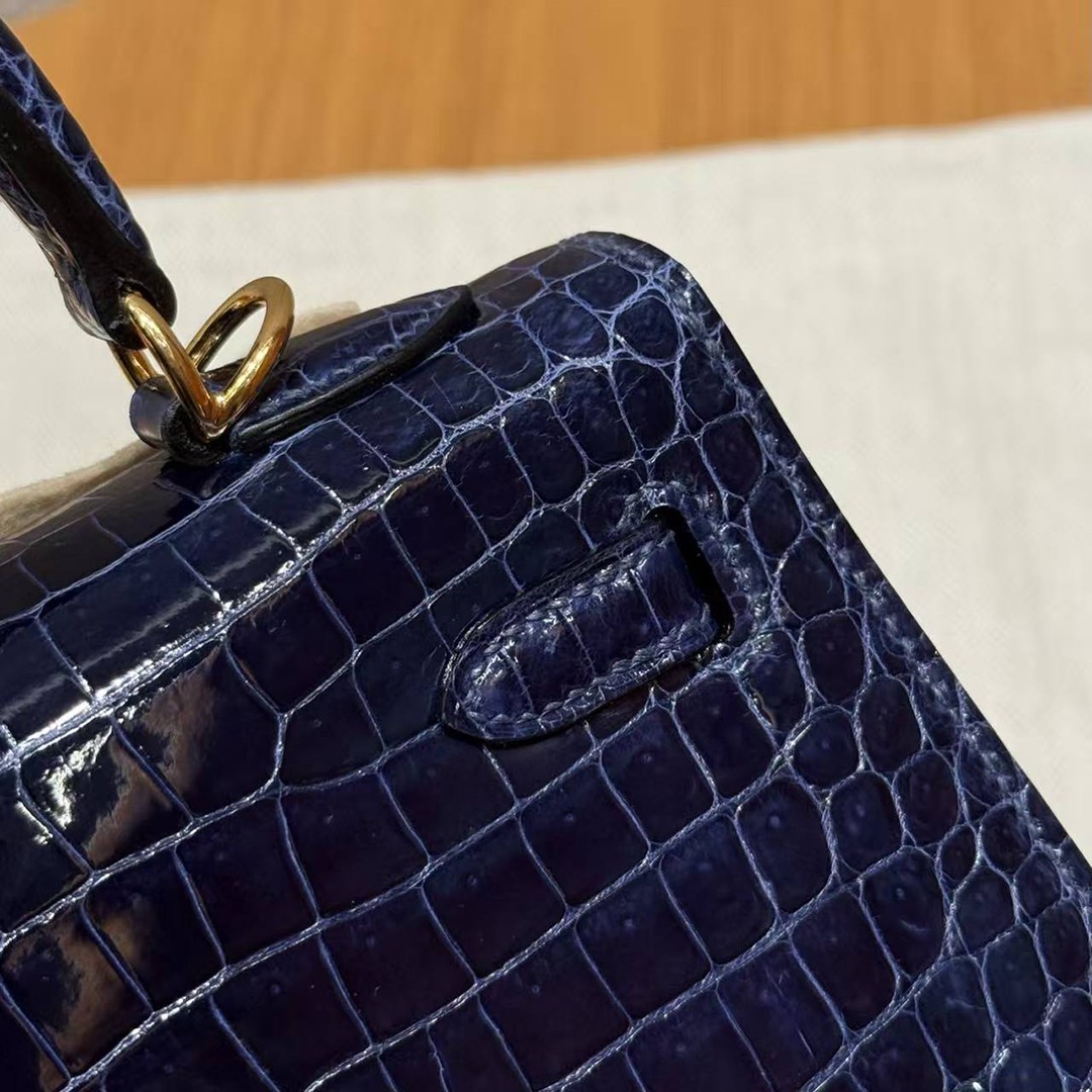 Hermes Kelly 25 Bag Handmade In Porosus Crocodile Leather Gold Hardware 78 Bleu Marine - Image 9