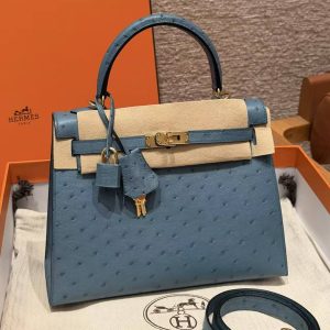 Hermes Kelly 25 Bag Handmade In KK Ostrich Leather from South Africa Gold Hardware 7C Cabalt