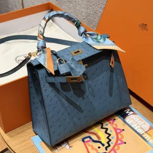 Hermes Kelly 25 Bag Handmade In KK Ostrich Leather from South Africa Gold Hardware 7C Cabalt - Image 13
