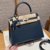 Hermes Kelly 25 Bag Handmade In Box Calfskin Leather Silver Hardware 7P Blue Presse